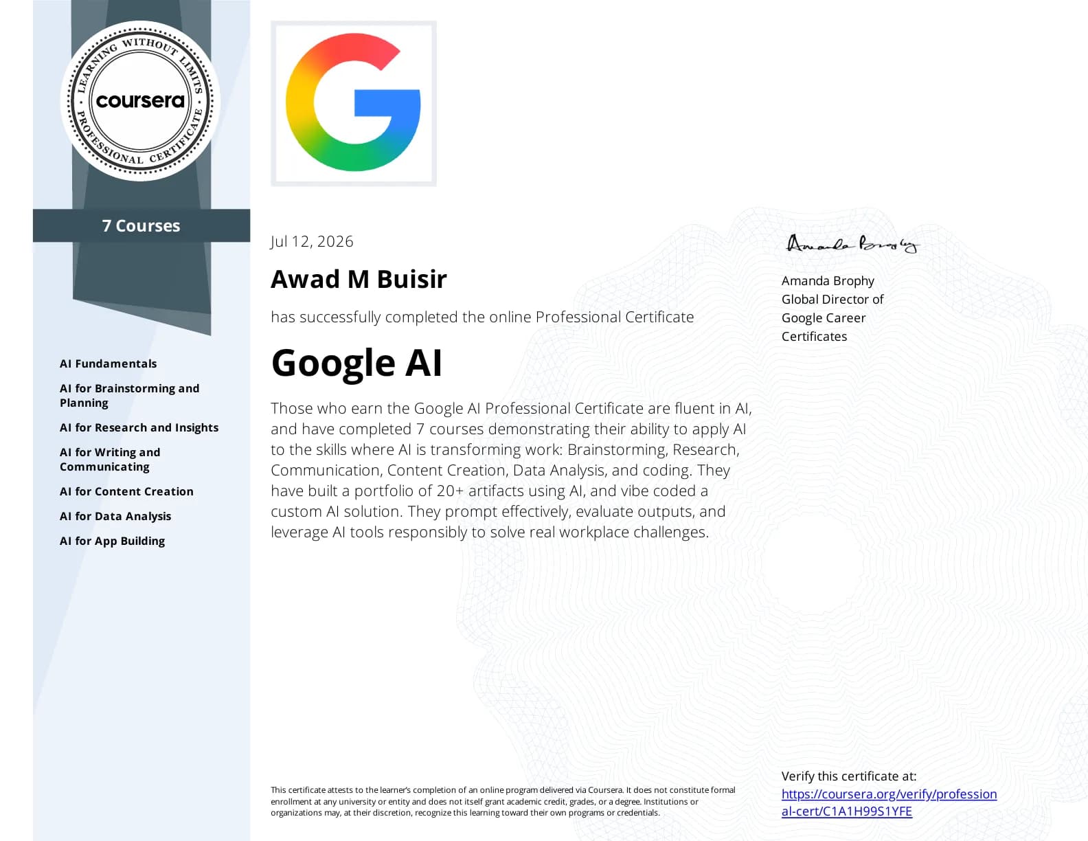 Google AI Professional Certificate awarded to Awad M Buisir